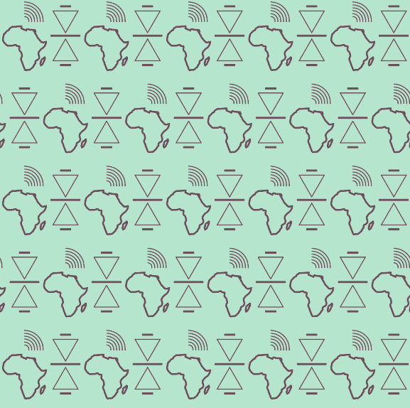 The Africa Connect Pattern features a compelling design with the African continent outlined in black as its centerpiece. Black triangles and dash lines create a networked, geometric effect, while a Wi-Fi symbol integrated into the design signifies connectivity and modern technology. Set against a mint light green background, the black shapes stand out vividly, highlighting the theme of digital and global connections across the continent.