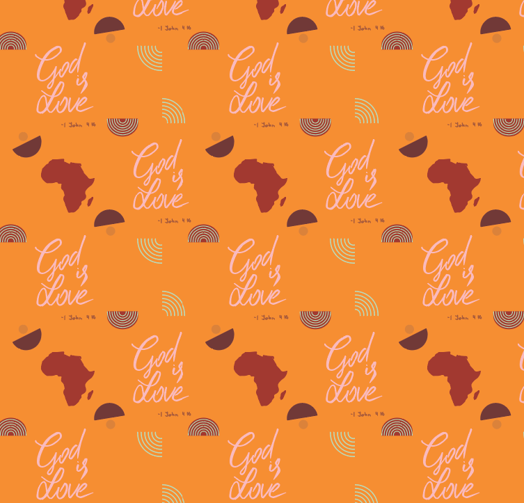 Celebrate unity and divine warmth with our "God is Love" pattern, featuring a rich African orange background and boho-inspired shapes. The message is elegantly displayed in light blue, accented by muddy brown and pastel pink for a harmonious and meaningful design. This pattern beautifully blends cultural elements to showcase the enduring power of love.