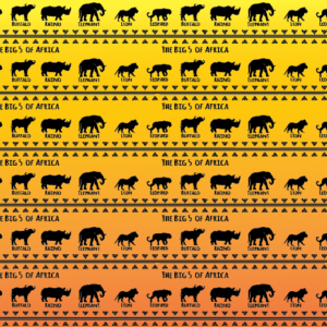 The Big 5 of Africa Pattern showcases a striking design featuring the iconic African Big Five animals—lion, leopard, elephant, buffalo, and rhinoceros—each rendered in bold black silhouettes. Their names are also included in the pattern, adding an informative touch. Set against a vivid sunset orange background, the black shapes and text create a dramatic and eye-catching contrast, celebrating these majestic animals with a warm, vibrant backdrop.