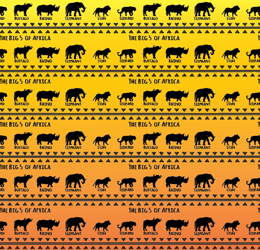 The Big 5 of Africa Pattern showcases a striking design featuring the iconic African Big Five animals—lion, leopard, elephant, buffalo, and rhinoceros—each rendered in bold black silhouettes. Their names are also included in the pattern, adding an informative touch. Set against a vivid sunset orange background, the black shapes and text create a dramatic and eye-catching contrast, celebrating these majestic animals with a warm, vibrant backdrop.