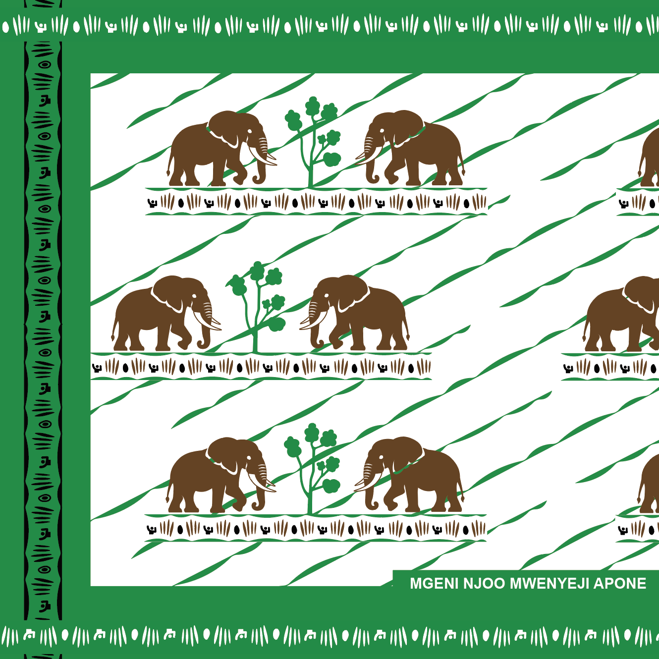 Pattern design "Mgeni Njoo" a wise Swahili expression in forest green and coffee brown