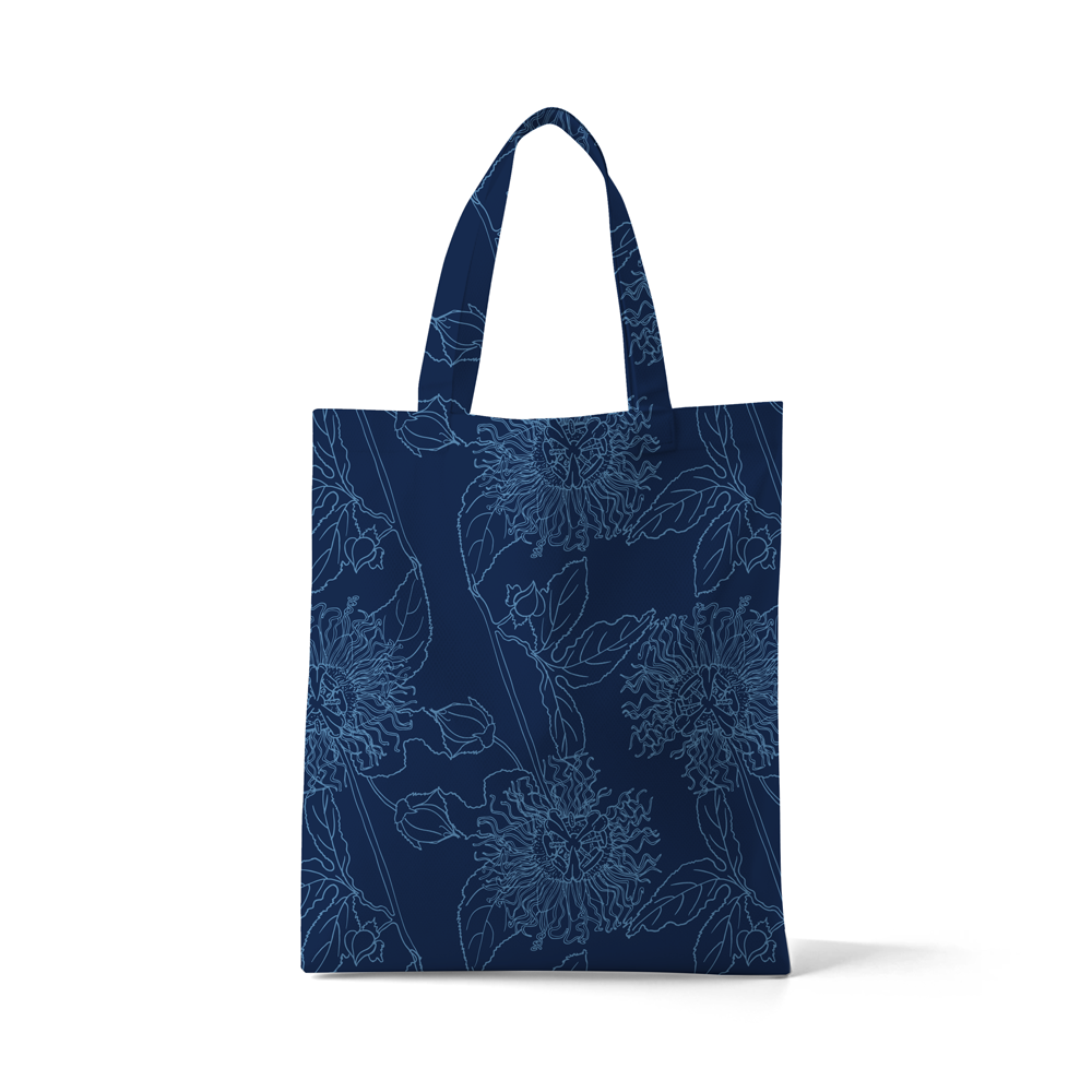 Passiflora Denim tote bag by © 2025 Nanjala Design for UndaMeta