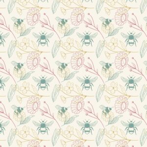 Vintage floral and bee seamless pattern with hand-drawn wildflowers in soft pastel tones. Ideal for fabric, wallpaper, and digital projects