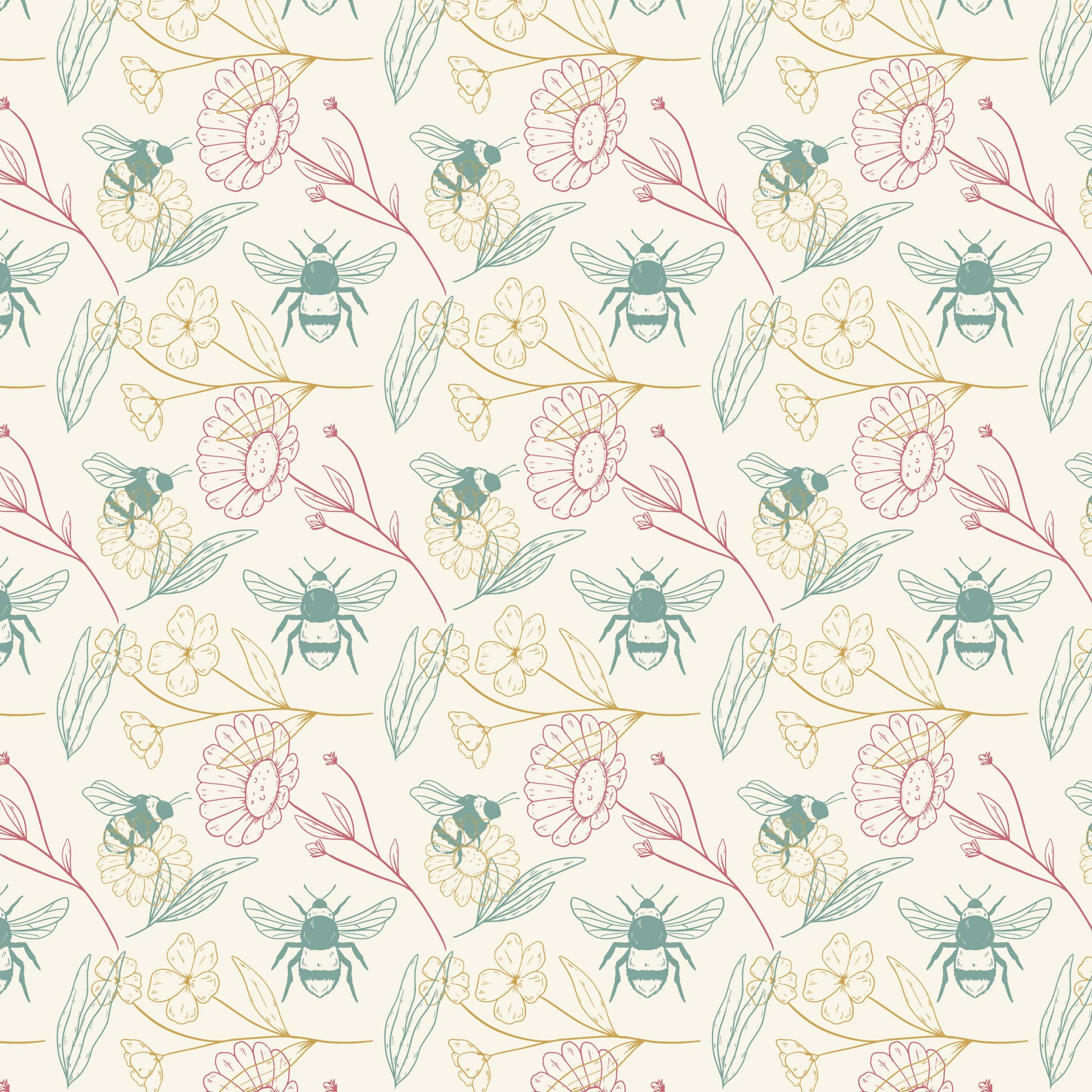 Vintage floral and bee seamless pattern with hand-drawn wildflowers in soft pastel tones. Ideal for fabric, wallpaper, and digital projects