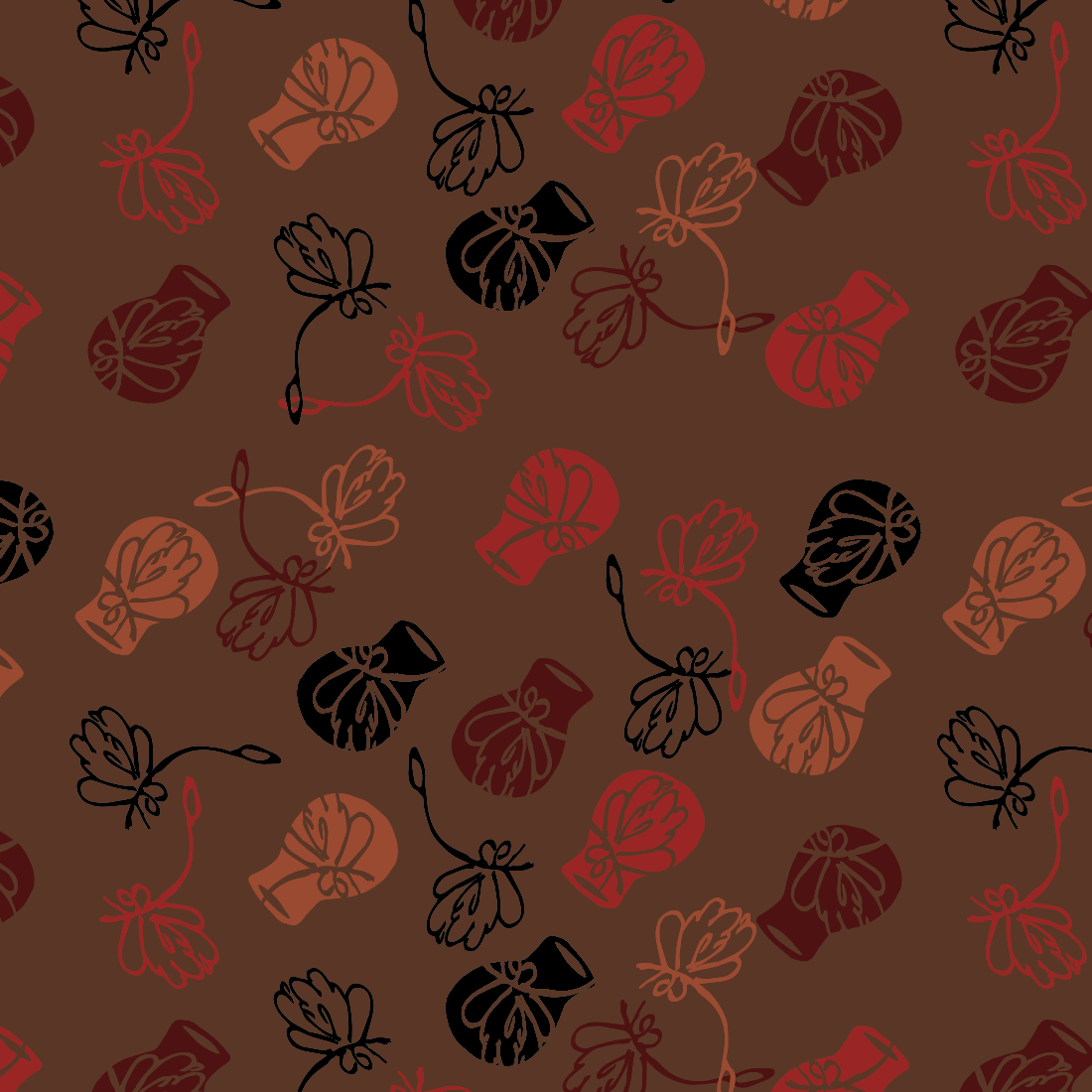 Hand-sketched pots inspired by hand-crafted African clay pots and blooming forms, a print. Potted Heritage Earthy by © 2025 Sylvia Shilesi for UndaMeta