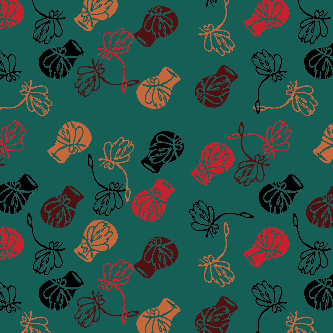 Hand-sketched pots inspired by hand-crafted African clay pots and blooming forms, a print. Potted Heritage by © 2025 Sylvia Shilesi for UndaMeta