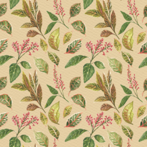 Crotons and Carmine Peach pattern design by © 2025 Watercolors by Kanyi for UndaMeta