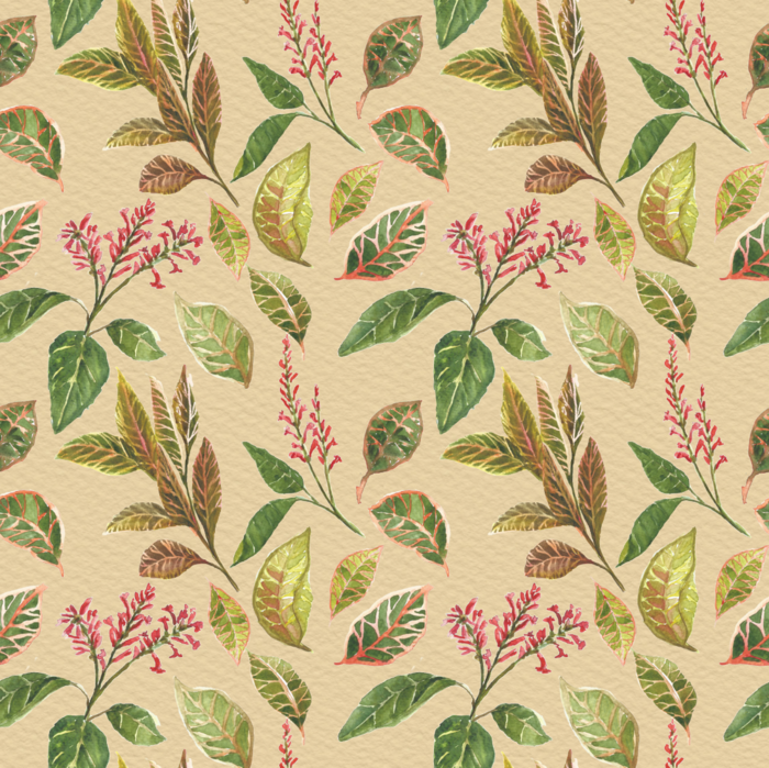 Crotons and Carmine Peach pattern design by © 2025 Watercolors by Kanyi for UndaMeta