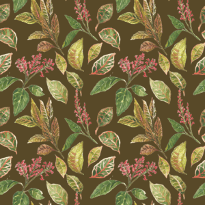 Crotons and Carmine Chocolate pattern design by © 2025 Watercolors by Kanyi for UndaMeta