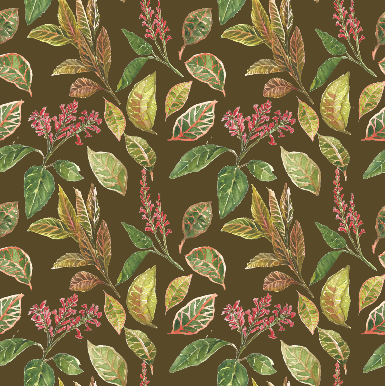 Crotons and Carmine Chocolate pattern design by © 2025 Watercolors by Kanyi for UndaMeta