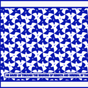 Blue and white patterned leso fabric featuring repeated dove and cross motifs. At the bottom, a Bible verse reads ‘He saved us through the washing of rebirth and renewal by the Holy Spirit. Titus 3:5.’ The design symbolizes peace, renewal, and spiritual grace by Evangelico for UndaMeta