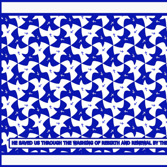 Blue and white patterned leso fabric featuring repeated dove and cross motifs. At the bottom, a Bible verse reads ‘He saved us through the washing of rebirth and renewal by the Holy Spirit. Titus 3:5.’ The design symbolizes peace, renewal, and spiritual grace by Evangelico for UndaMeta