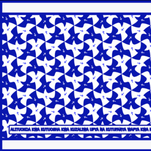 Blue and white patterned leso fabric featuring repeated dove and cross motifs. At the bottom, a Bible verse reads ‘He saved us through the washing of rebirth and renewal by the Holy Spirit. Titus 3:5.’ The design symbolizes peace, renewal, and spiritual grace by Evangelico for UndaMeta