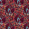 African wax print fabric featuring dense floral patterns in crimson, turquoise, gold, and black tones on a textured background.