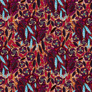 African wax print fabric featuring dense floral patterns in crimson, turquoise, gold, and black tones on a textured background.