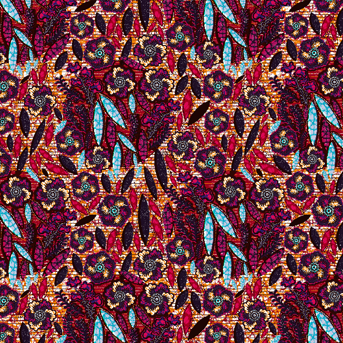 African wax print fabric featuring dense floral patterns in crimson, turquoise, gold, and black tones on a textured background.