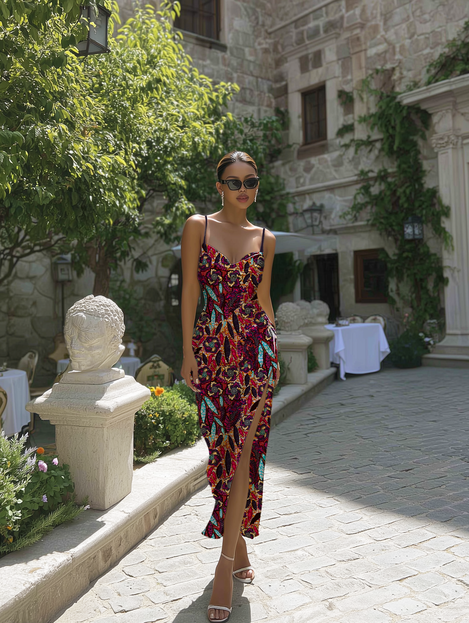 African wax print fabric featuring dense floral patterns in crimson, turquoise, gold, and black tones on a textured background.