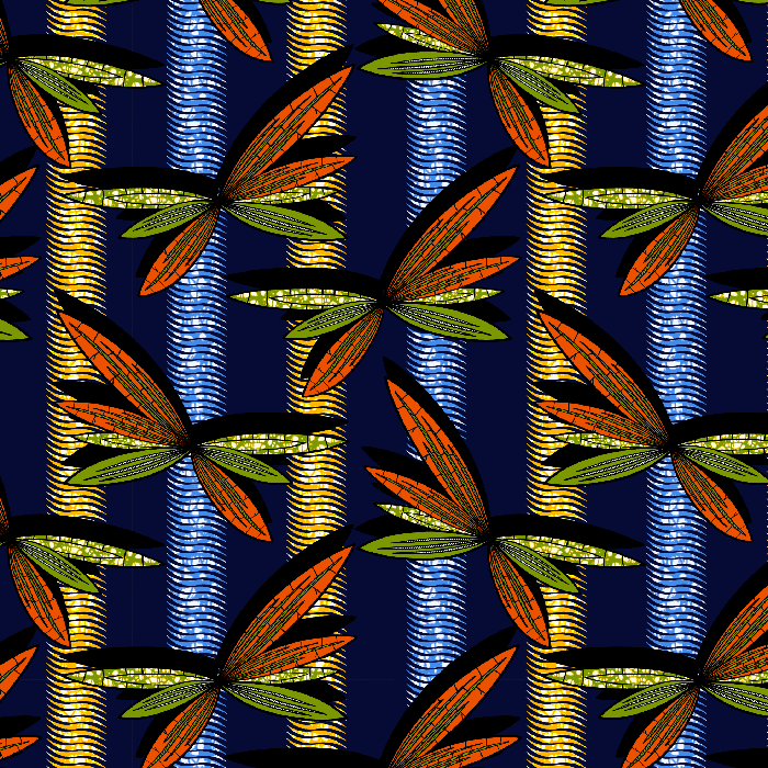 Colorful African wax print pattern featuring bold orange, green, yellow, blue, and black leaf motifs arranged on a dark navy background.