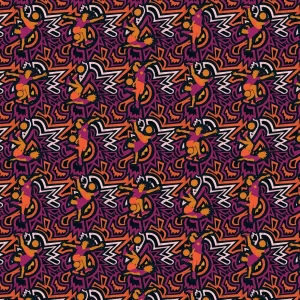 Four signature freestyle football maneuvers rendred in dark pink, orange, gold, and black colors with an seamless African pattern. By Ustadi Studio