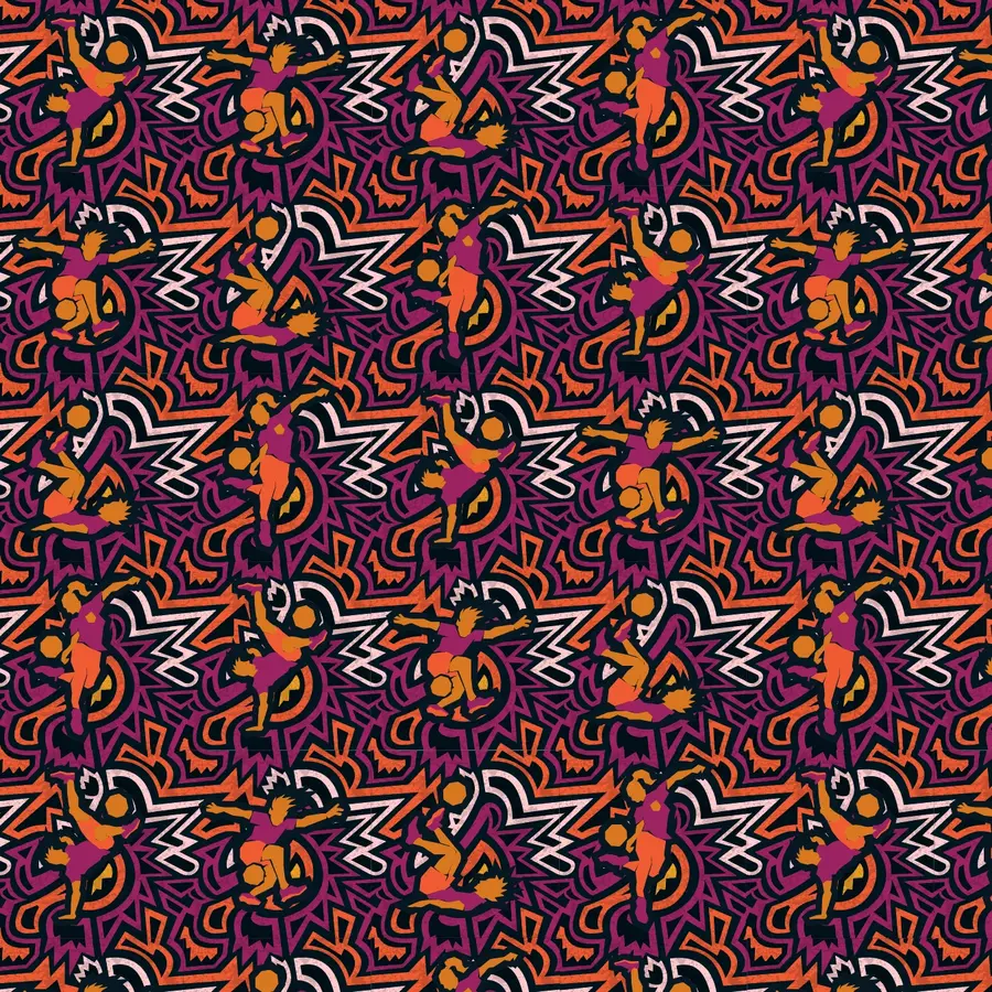 Four signature freestyle football maneuvers rendred in dark pink, orange, gold, and black colors with an seamless African pattern. By Ustadi Studio