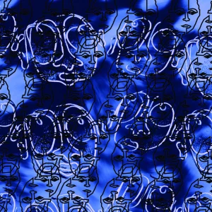 Blue abstract fabric pattern with flowing tie-dye background, large white face-like motifs, and smaller black line-art faces layered throughout.