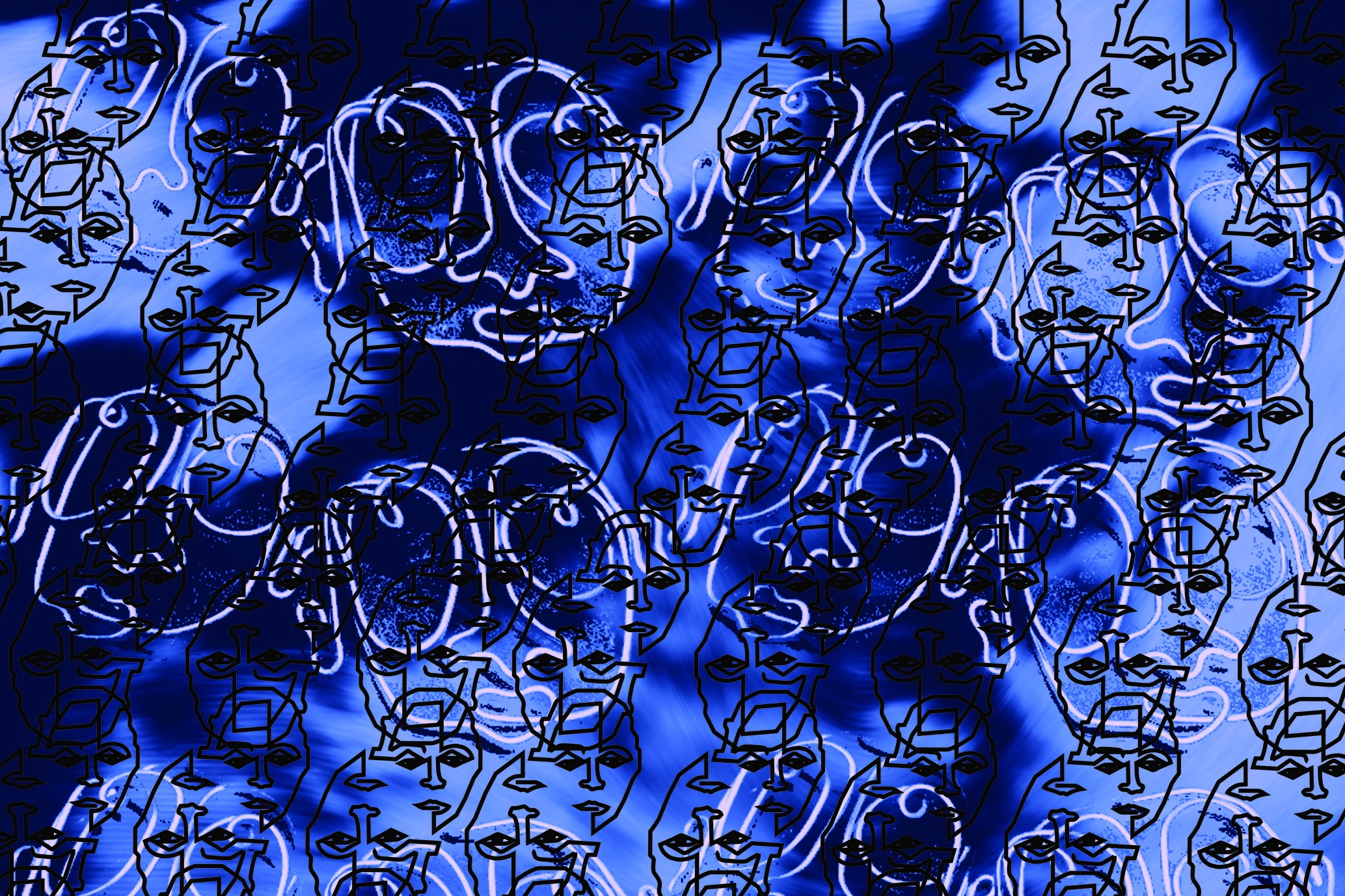 Blue abstract fabric pattern with flowing tie-dye background, large white face-like motifs, and smaller black line-art faces layered throughout.