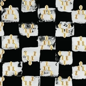 A black and white checker background with gold cowrie shells placed on the white boxes in a chevron pattern by Kaageliza for UndaMeta