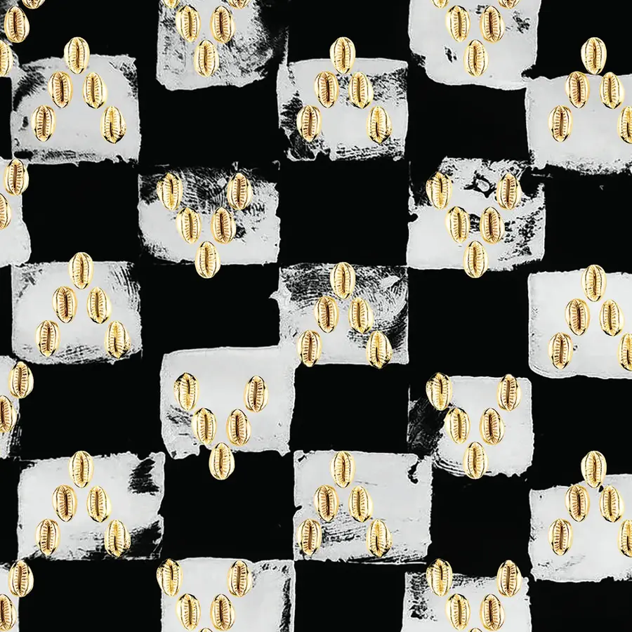 A black and white checker background with gold cowrie shells placed on the white boxes in a chevron pattern by Kaageliza for UndaMeta