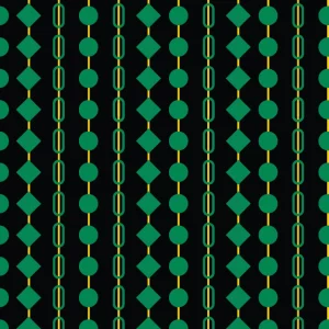A geometric pattern with a black background featuring vertical columns of repeating shapes. Alternating rows show teal-green diamonds and small teal-green circles, each connected by thin, vibrant yellow-gold vertical lines, creating a structured and minimalist tribal-inspired look. © 2026 Sally K for UndaMeta
