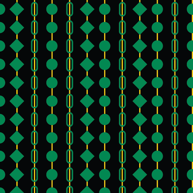 A geometric pattern with a black background featuring vertical columns of repeating shapes. Alternating rows show teal-green diamonds and small teal-green circles, each connected by thin, vibrant yellow-gold vertical lines, creating a structured and minimalist tribal-inspired look. © 2026 Sally K for UndaMeta
