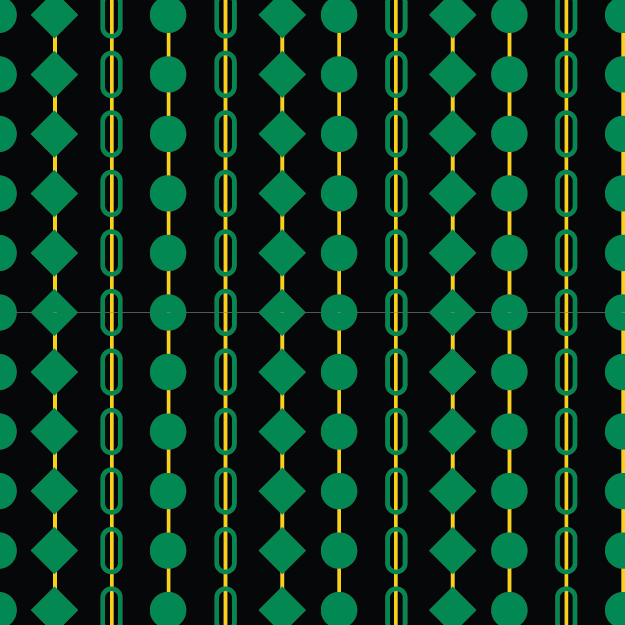 A geometric pattern with a black background featuring vertical columns of repeating shapes. Alternating rows show teal-green diamonds and small teal-green circles, each connected by thin, vibrant yellow-gold vertical lines, creating a structured and minimalist tribal-inspired look. © 2026 Sally K for UndaMeta