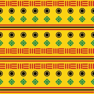 A geometric pattern featuring horizontal bands on a vibrant yellow-gold background. It includes rows of small green and red diamond motifs, thin red horizontal stripes, and a repeating "E" shaped border design in red and black, creating a structured, modern tribal aesthetic. © 2026 Sally K for UndaMeta