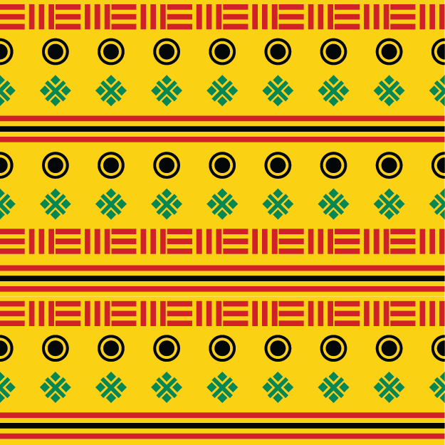 A geometric pattern featuring horizontal bands on a vibrant yellow-gold background. It includes rows of small green and red diamond motifs, thin red horizontal stripes, and a repeating "E" shaped border design in red and black, creating a structured, modern tribal aesthetic. © 2026 Sally K for UndaMeta