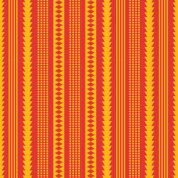 A vibrant geometric African pattern titled "Sahara Sunset." The pattern features vertical stripes of orange, red, and yellow, accented with intricate, repeating geometric shapes reminiscent of traditional West African textiles. © 2026 Sally K for UndaMeta