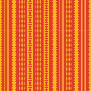 A vibrant geometric African pattern titled "Sahara Sunset." The pattern features vertical stripes of orange, red, and yellow, accented with intricate, repeating geometric shapes reminiscent of traditional West African textiles. © 2026 Sally K for UndaMeta