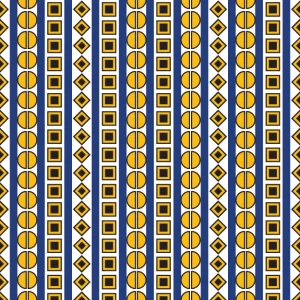 A geometric pattern featuring alternating vertical bands of deep cobalt blue and vibrant gold. The blue bands contain white diamond motifs with blue centers, while the gold bands feature brown square outlines with gold centers, creating a structured, rhythmic design. © 2026 Sally K for UndaMeta