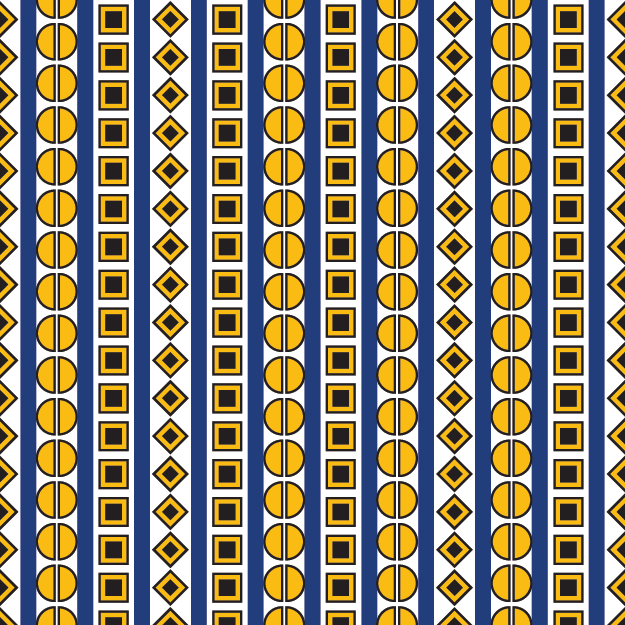 A geometric pattern featuring alternating vertical bands of deep cobalt blue and vibrant gold. The blue bands contain white diamond motifs with blue centers, while the gold bands feature brown square outlines with gold centers, creating a structured, rhythmic design. © 2026 Sally K for UndaMeta