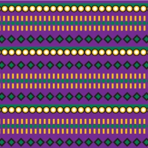 A horizontal geometric pattern with a deep purple and indigo base. It features alternating rows of small golden-yellow dots, rows of vibrant purple diamond shapes on a dark background, and repeating bands of tiny white vertical dashes, creating a rich, rhythmic tribal aesthetic. © 2026 Sally K for UndaMeta