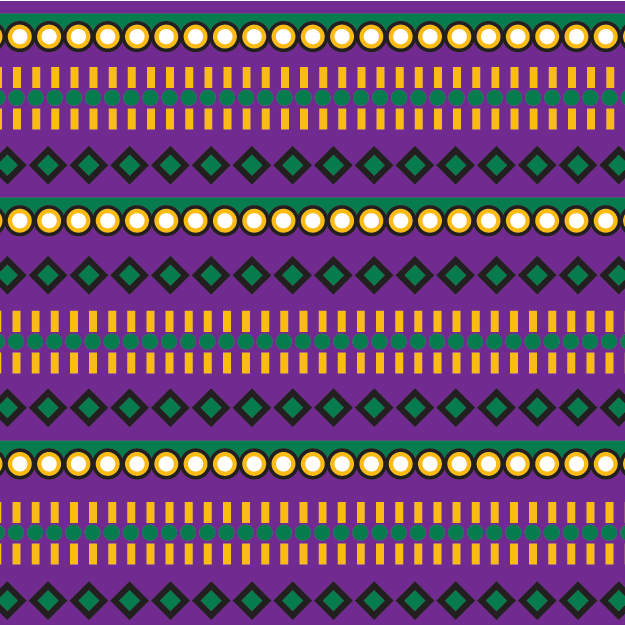 A horizontal geometric pattern with a deep purple and indigo base. It features alternating rows of small golden-yellow dots, rows of vibrant purple diamond shapes on a dark background, and repeating bands of tiny white vertical dashes, creating a rich, rhythmic tribal aesthetic. © 2026 Sally K for UndaMeta