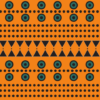 African-inspired geometric fabric pattern featuring repeating rows of dark triangles and dotted circles on a vibrant orange and earthy brown background.