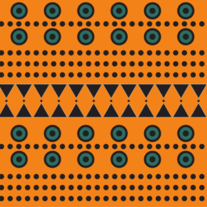 Seamless horizontal pattern featuring rows of blue and black concentric circles, black triangles, and dotted lines on a burnt orange and yellow background.