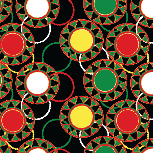 A vibrant Caribbean-inspired pattern, the One Love Medallions © Sally K 2026 for UndaMeta