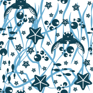 A seamless, high-contrast surface pattern design titled "Bahari Ndoto," featuring deep navy blue silhouettes of sea turtles, starfish, and small fish swimming through fluid ocean waves. The background is a clean, crisp off-white canvas with soft blue intersecting curved lines that mimic swirling water currents and underwater seaweed paths.