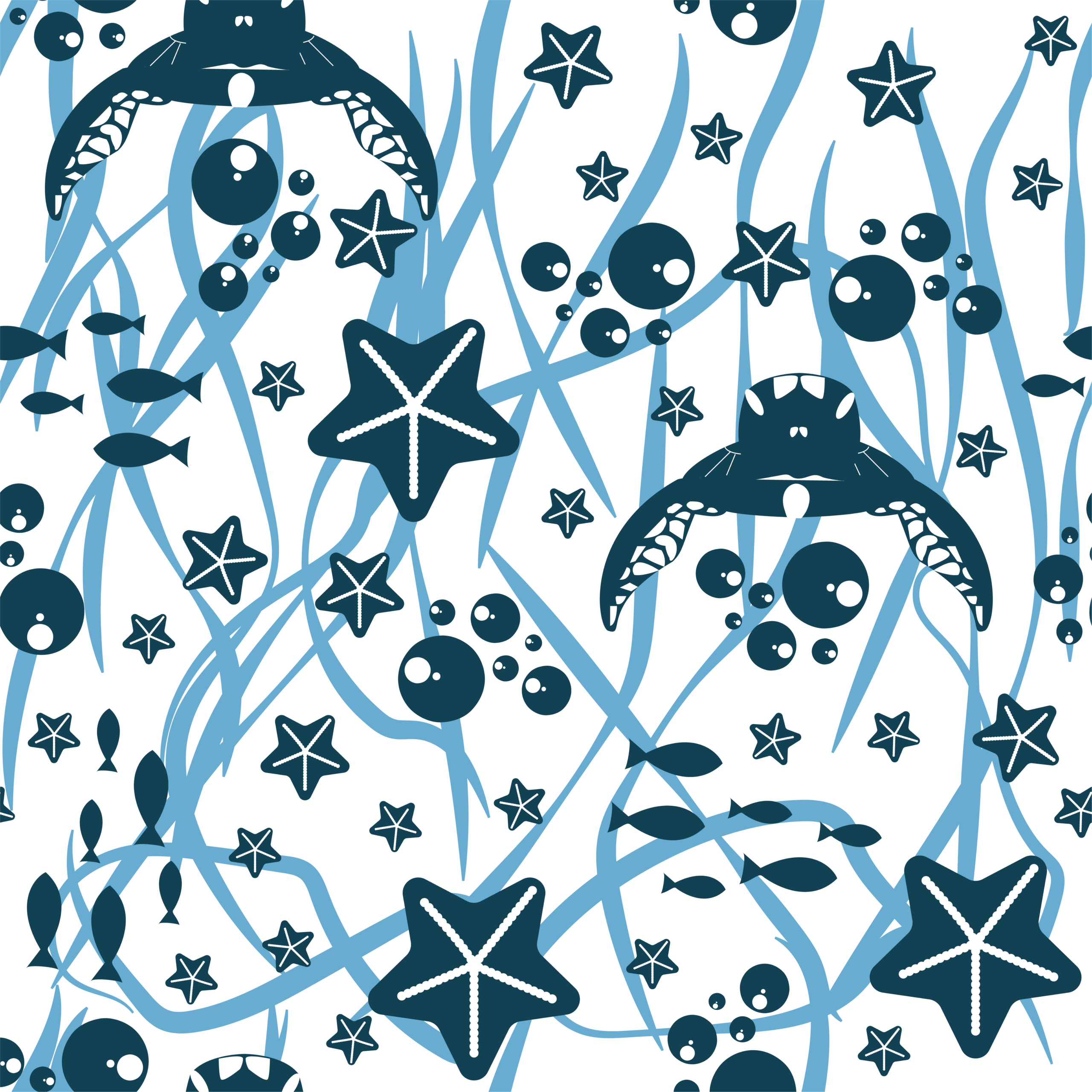 A seamless, high-contrast surface pattern design titled "Bahari Ndoto," featuring deep navy blue silhouettes of sea turtles, starfish, and small fish swimming through fluid ocean waves. The background is a clean, crisp off-white canvas with soft blue intersecting curved lines that mimic swirling water currents and underwater seaweed paths.