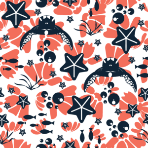 A seamless, high-contrast maximalist surface pattern design titled "Chanua Reef," featuring deep navy blue silhouettes of sea turtles, starfish, and small fish swimming through fluid lines. The background is a dense, interlocking mosaic of stylized tropical flower petals in rich crimson red and warm ochre orange tones, accented by small floating bubbles and tiny white star fish.