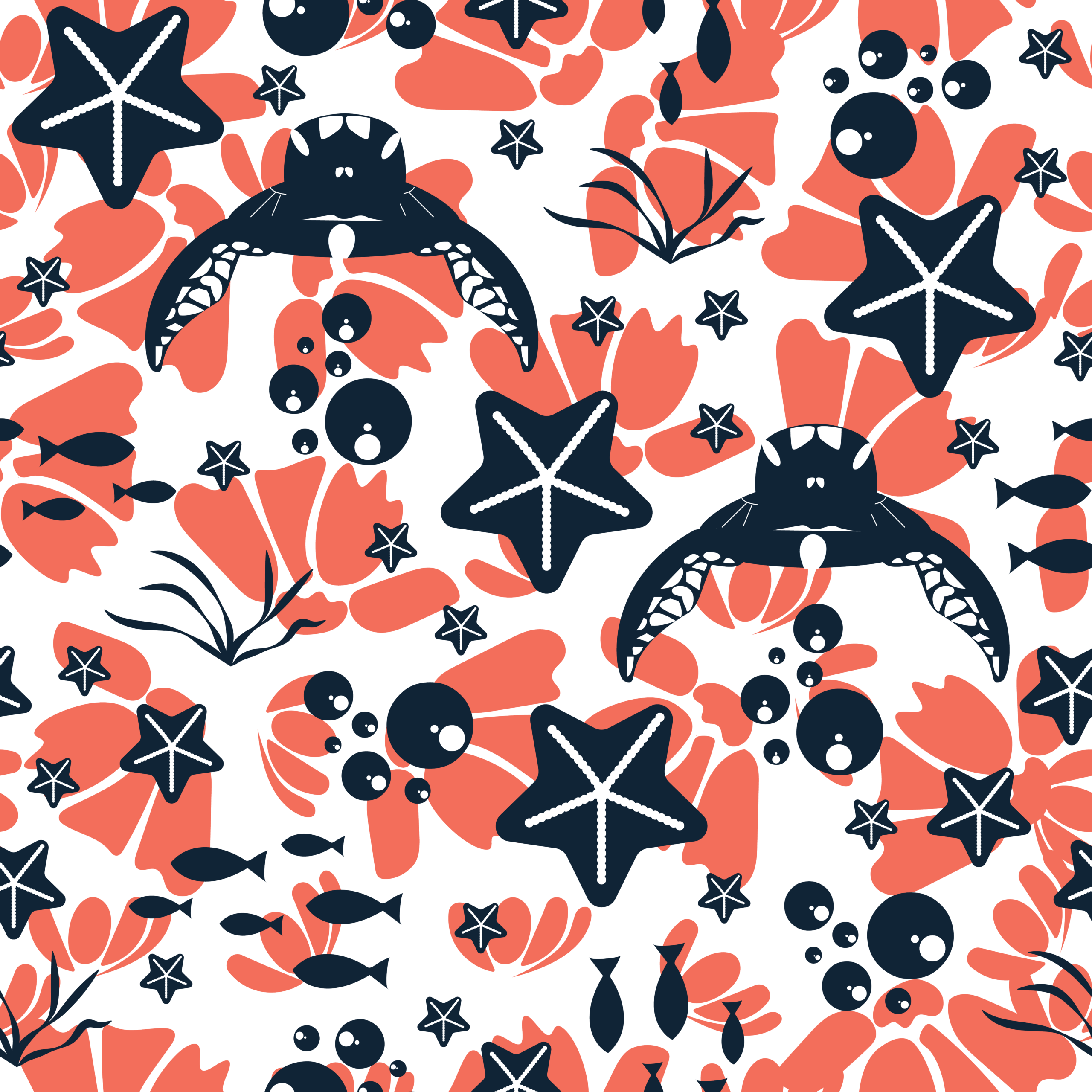 A seamless, high-contrast maximalist surface pattern design titled "Chanua Reef," featuring deep navy blue silhouettes of sea turtles, starfish, and small fish swimming through fluid lines. The background is a dense, interlocking mosaic of stylized tropical flower petals in rich crimson red and warm ochre orange tones, accented by small floating bubbles and tiny white star fish.