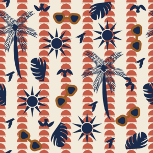 A seamless surface pattern design titled "Miale ya Pwani," featuring organized horizontal rows of dark navy blue silhouettes, including detailed palm trees, flying birds, and small monstera leaves. The background consists of alternating vertical cream stripes and rows of repeating reddish-orange half-circle geometric shapes.