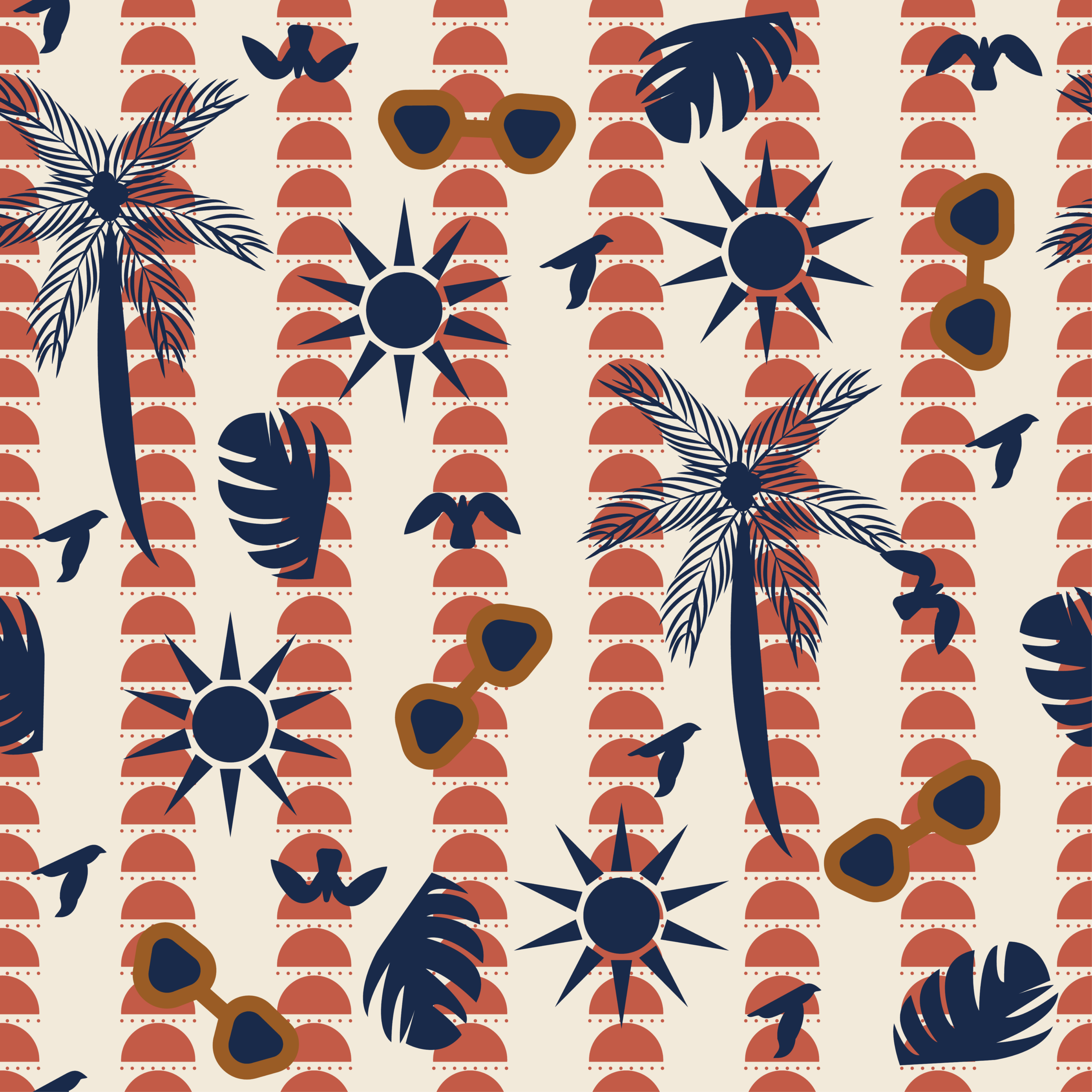 A seamless surface pattern design titled "Miale ya Pwani," featuring organized horizontal rows of dark navy blue silhouettes, including detailed palm trees, flying birds, and small monstera leaves. The background consists of alternating vertical cream stripes and rows of repeating reddish-orange half-circle geometric shapes.