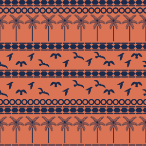 A seamless surface pattern design titled "Pwani Banda," featuring a rich terracotta background structured into horizontal bands. Rows of deep navy blue silhouettes repeat across the bands, showing flying birds, abstract geometric dashes, and stylized coastal motifs, giving the textile an authentic African border-print aesthetic.