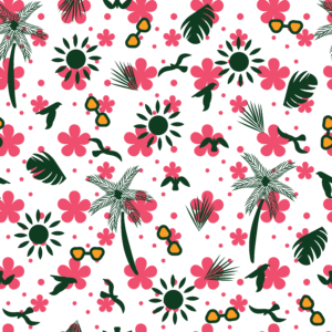 A seamless ditsy surface pattern design titled "Pwani Bloom," featuring scattered bright magenta flowers, detailed natural green palm trees, and small monstera leaves on a crisp cream background. The playful layout is accented with tiny pink star-dots and small retro aviator sunglasses with gold lenses.